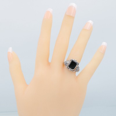 Vintage Inspired Black Onyx and Lapis Filigree Flip Ring - Sterling Silver - FR-175-O-L