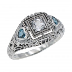 Art Deco White Topaz Filigree Ring London Blue Topaz Accents Sterling Silver Art Deco White Topaz Filigree Ring London Blue Topaz Accents Sterling Silver