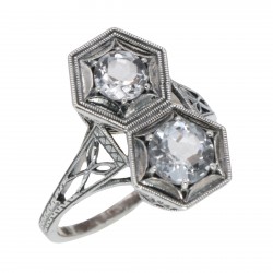 Art Deco Two Stone White Topaz Ring with 5mm & 6mm Gemstones Sterling Silver Filigree Ring