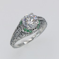 Art Deco Style White Topaz Filigree Ring Green Emerald Accents Sterling Silver