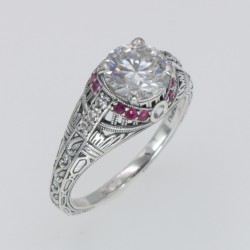 Art Deco Style White Topaz Filigree Ring Natural Red Ruby Accents Sterling Silver Art Deco Style White Topaz Filigree Ring Natural Red Ruby Accents Sterling Silver