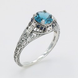 Art Deco Style 7mm London Blue Topaz Filigree Ring w/ Sapphire and Topaz accents Sterling Silver