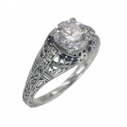 Art Deco Style Moissanite Filigree Ring Blue Sapphire and White Topaz Accents Sterling Silver