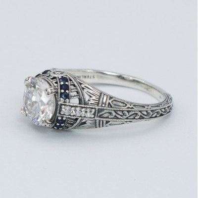 Art Deco Style Moissanite Filigree Ring Blue Sapphire and White Topaz Accents Sterling Silver - FR-1841-S-MOS