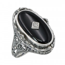 Victorian Style Lapis Diamond and Onyx Filigree Flip Ring Sterling Silver
