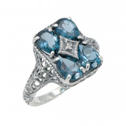 Art Deco Style London Blue Topaz with Diamond Accent Filigree Ring - Sterling Silver