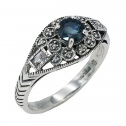 Art Deco Style Filigree London Blue Topaz and White Topaz Ring Sterling Silver