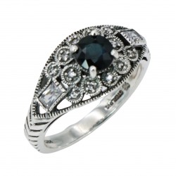 Art Deco Style Filigree Natural Blue Sapphire and White Topaz Ring Sterling Silver