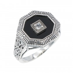 Art Deco Style Octagon Shape Black Oynx Ring with White Topaz Center - Sterling Silver
