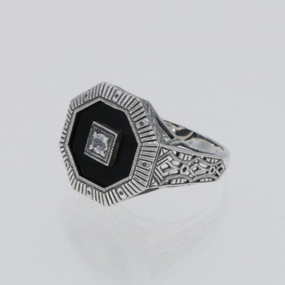 Art Deco Style Octagon Shape Black Oynx Ring with White Topaz Center - Sterling Silver - FR-474-WT