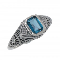 Victorian Style London Blue Topaz Filigree Ring Floral Design Sterling Silver