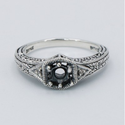 Semi Mount for a 4.5mm Gemstone Victorian Filigree Ring w/ 2 Diamonds - Sterling Silver - FR-761-SEMI