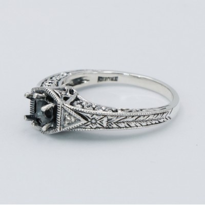 Semi Mount for a 4.5mm Gemstone Victorian Filigree Ring w/ 2 Diamonds - Sterling Silver - FR-761-SEMI