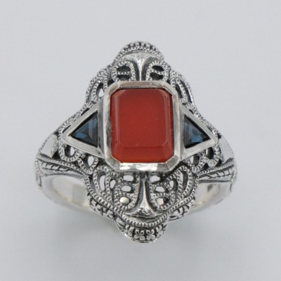 Art Deco Red Carnelian Filigree Ring Sapphire Accents Sterling Silver - FR-789-CAR-S
