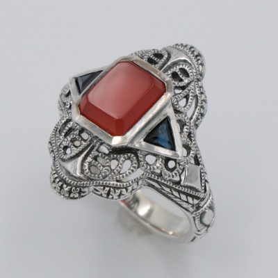 Art Deco Red Carnelian Filigree Ring Sapphire Accents Sterling Silver - FR-789-CAR-S