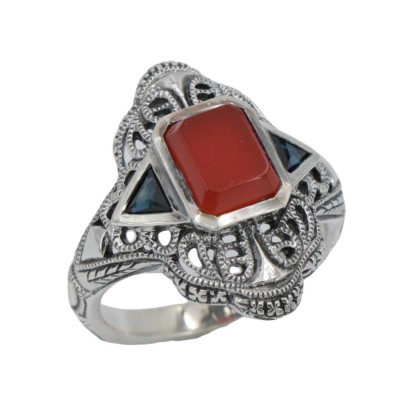 Art Deco Red Carnelian Filigree Ring Sapphire Accents Sterling Silver - FR-789-CAR-S