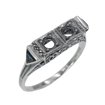 Art Deco Style Semi Mount (3mm) Filigree Ring  Sapphire Accents Sterling Silver - FR-879-SEMI-S