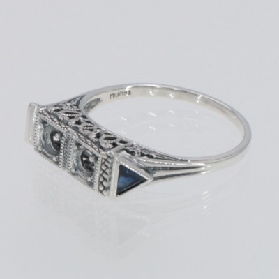 Art Deco Style Semi Mount (3mm) Filigree Ring  Sapphire Accents Sterling Silver - FR-879-SEMI-S