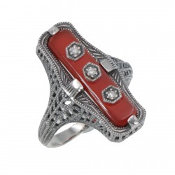 Art Deco Style Red Carnelian Filigree Ring 3 Diamond Accents Sterling Silver