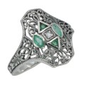Art Deco Style Filigree Diamond Ring w/ 4 Natural Emeralds - Sterling Silver