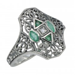 Art Deco Style Filigree Diamond Ring w/ 4 Natural Emeralds - Sterling Silver Art Deco Style Filigree Diamond Ring w/ 4 Natural Emeralds - Sterling Silver