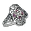 Art Deco Style Filigree Diamond Ring w/ 4 Natural Rubies - Sterling Silver