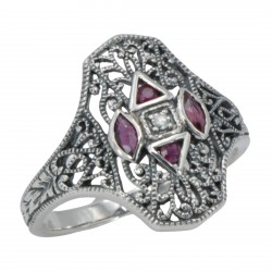 Art Deco Style Filigree Diamond Ring w/ 4 Natural Rubies - Sterling Silver Art Deco Style Filigree Diamond Ring w/ 4 Natural Rubies - Sterling Silver
