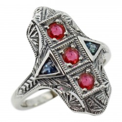Art Deco Style 3 Stone Natural Red Ruby and Sapphire Ring Sterling Silver