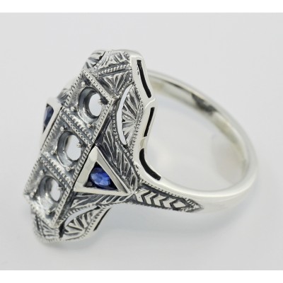 Art Deco Style Semi Mount Ring w/ Sapphire Accents - Sterling Silver - FR-1008-SEMI