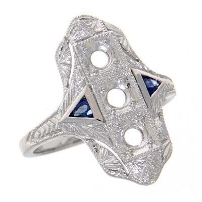 Art Deco Style Semi Mount Ring w/ Sapphire Accents - 14kt White Gold - FR-1008-SEMI-WG