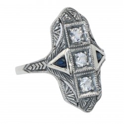 Art Deco Filigree Ring White Topaz  Sapphire Accents Sterling Silver Art Deco Filigree Ring White Topaz  Sapphire Accents Sterling Silver