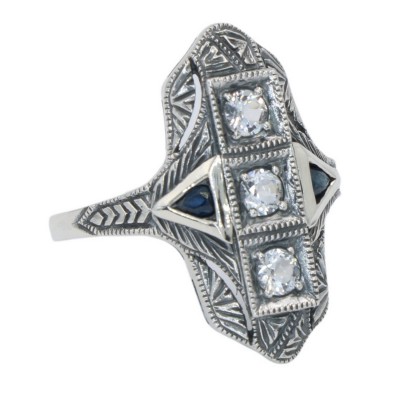 Art Deco Style Filigree Ring White Topaz  Sapphire Accents Sterling Silver - FR-1008-WT-S