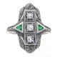 Art Deco Style Filigree Ring White Topaz Emerald Accents Sterling Silver - FR-1008-WT-E