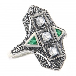 Art Deco Style Filigree Ring White Topaz Emerald Accents Sterling Silver Art Deco Style Filigree Ring White Topaz Emerald Accents Sterling Silver