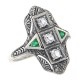 Art Deco Style Filigree Ring White Topaz Emerald Accents Sterling Silver - FR-1008-WT-E