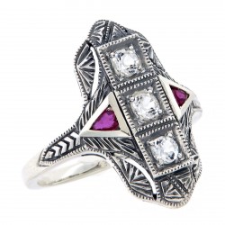 Art Deco Style Filigree Ring White Topaz w/ Ruby Accents Sterling Silver Art Deco Style Filigree Ring White Topaz w/ Ruby Accents Sterling Silver