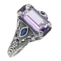 Art Deco Style Amethyst Filigree Ring w/ Sapphire Accents Sterling Silver