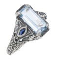 Art Deco Style Blue Topaz Filigree Ring Sapphire Accents Sterling Silver