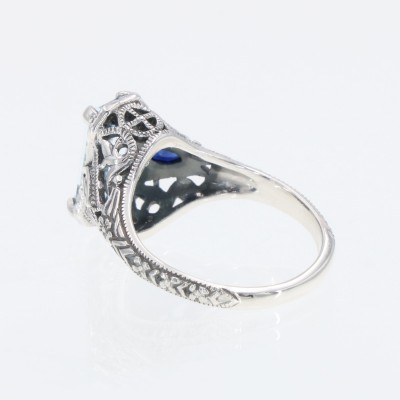 Art Deco Style Blue Topaz Filigree Ring w/ Sapphire Accents Sterling Silver - FR-1009-BT-S