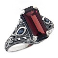 Art Deco Style Garnet Filigree Ring w/ Sapphire Accents - Sterling Silver