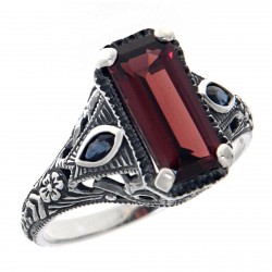 Art Deco Style Garnet Filigree Ring w/ Sapphire Accents - Sterling Silver
