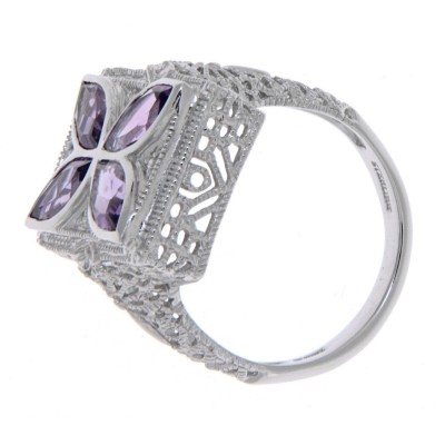 Art Deco Style Filigree Ring w/ amethyst  diamond - Sterling Silver - FR-1015-AM