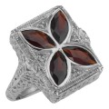 Art Deco Style 4 Stone Garnet  Diamond Ring - Sterling Silver
