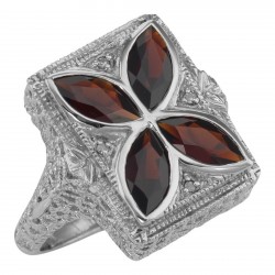 Art Deco Style 4 Stone Garnet  Diamond Ring - Sterling Silver
