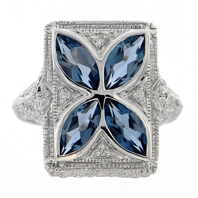 Art Deco Style Filigree Ring w/ London Blue Topaz  diamond - Sterling Silver - FR-1015-LBT