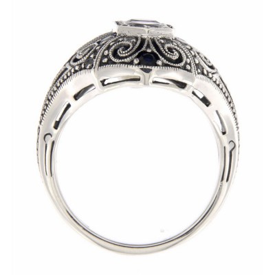 CZ / Sapphire Filigree Ring - Art Deco Style - Sterling Silver - FR-11