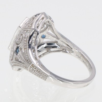 Gorgeous Vintage Inspired Art Deco Style - 14kt White Gold Blue Sapphire and Diamond Filigree Ring - FR-11-S-D-WG
