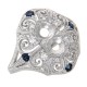 4.5mm Semi Mount / Sapphire Filigree Ring - Art Deco Style - 14kt White Gold - FR-11-SEMI-D-WG