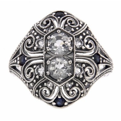 White Topaz and Sapphire Filigree Ring - Art Deco Style - Sterling Silver - FR-11-WT