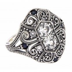 White Topaz and Sapphire Filigree Ring - Art Deco Style - Sterling Silver White Topaz and Sapphire Filigree Ring - Art Deco Style - Sterling Silver